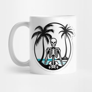 skeleton, beach, surf, palm tree and waves. Mug